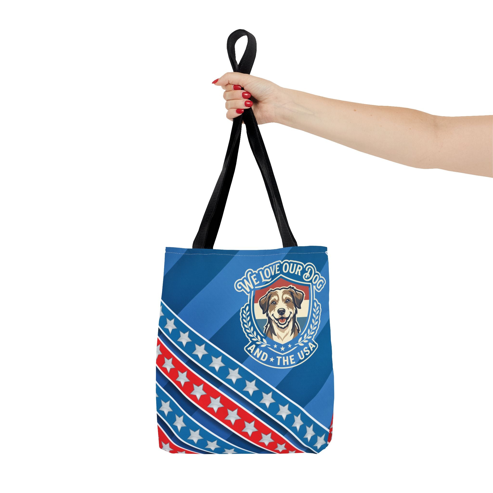 Patriotic Dog Tote Bag — "We Love Our Dog and the USA" AOP Tote