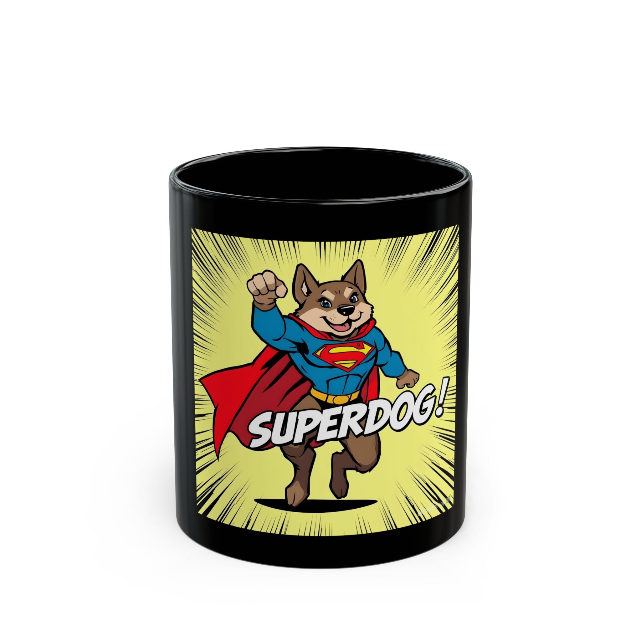 Superdog Comic Mug — Cute Superhero Dog Coffee Cup