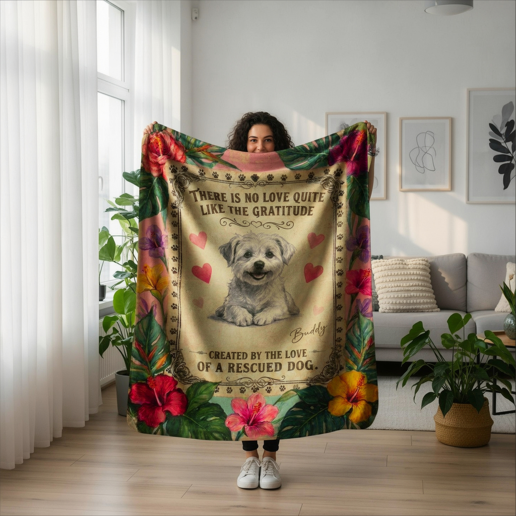 Personalized Sherpa Blanket — "There Is No Love Like a Rescued Dog" | Custom Name & Photo