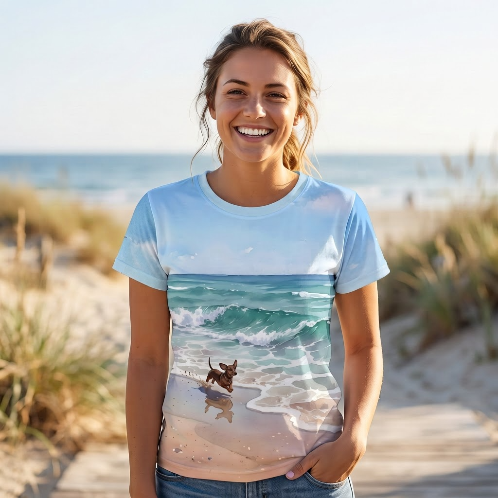 Women's Beach Scene All-Over Print Sports Jersey — Dachshund on Shore