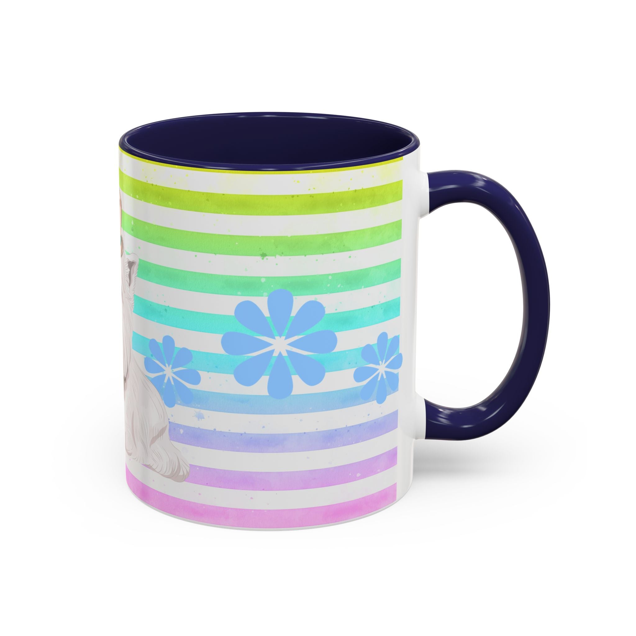 West Highland Terrier Coffee Mug — Cute White Pup on Rainbow Stripes (Accent Mug 11/15oz)
