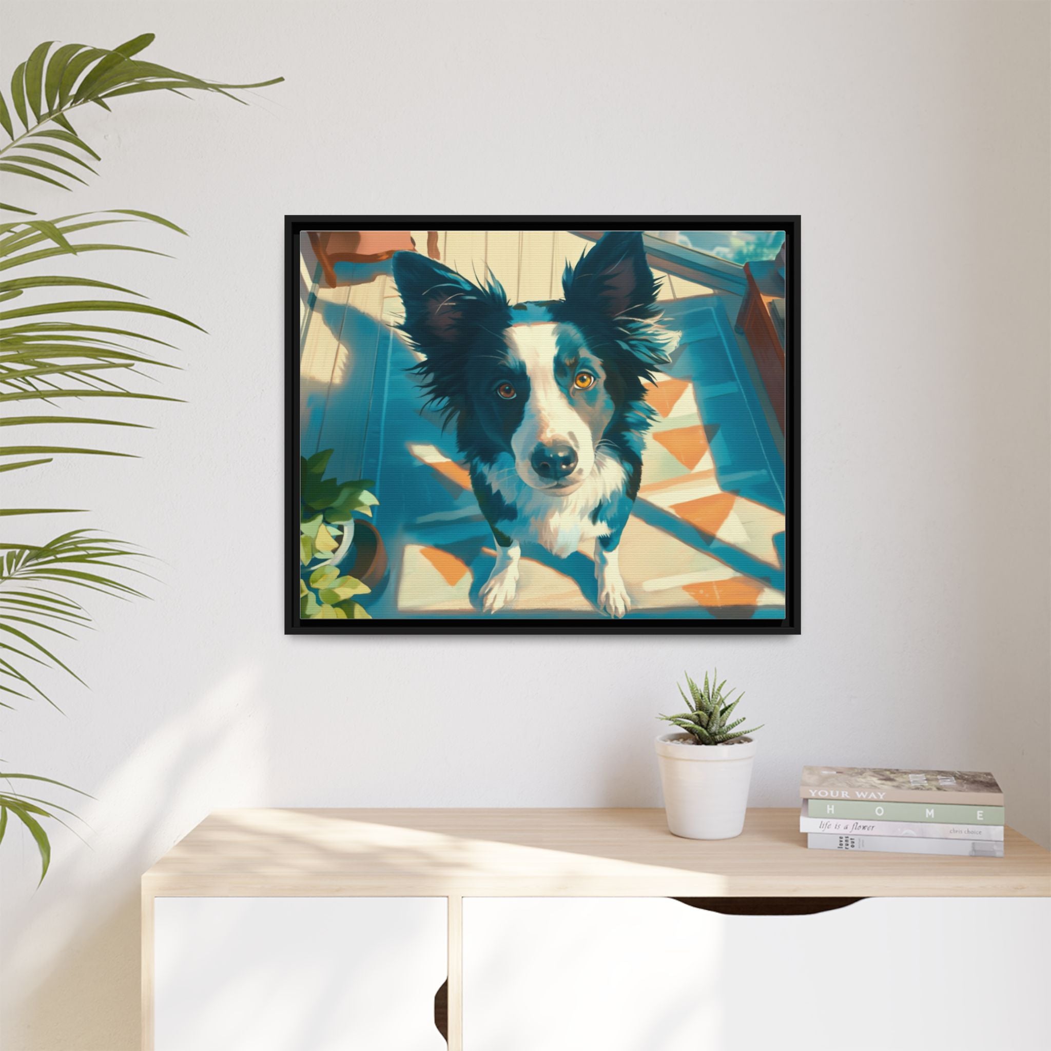 Framed Matte Canvas - Colorful Border Collie Pet Portrait