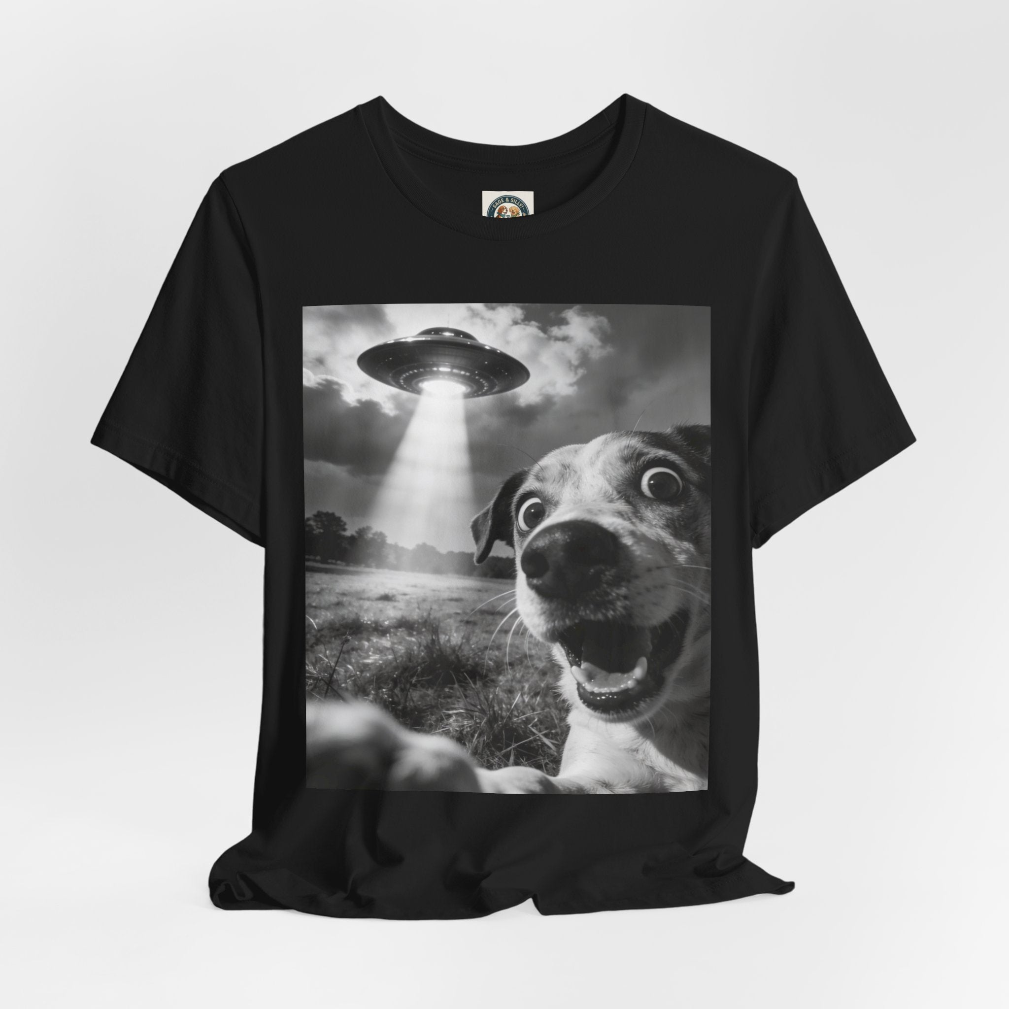 UFO Dog Photo Tee — "Check the Front… SERIOUSLY!" Graphic T-Shirt