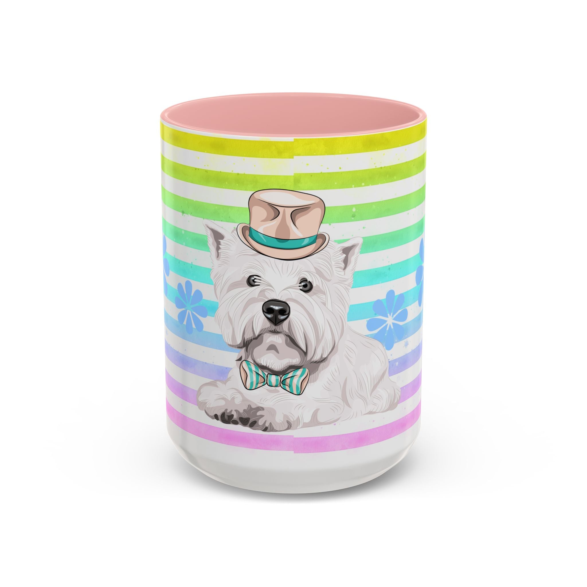 West Highland Terrier Coffee Mug — Cute White Pup on Rainbow Stripes (Accent Mug 11/15oz)