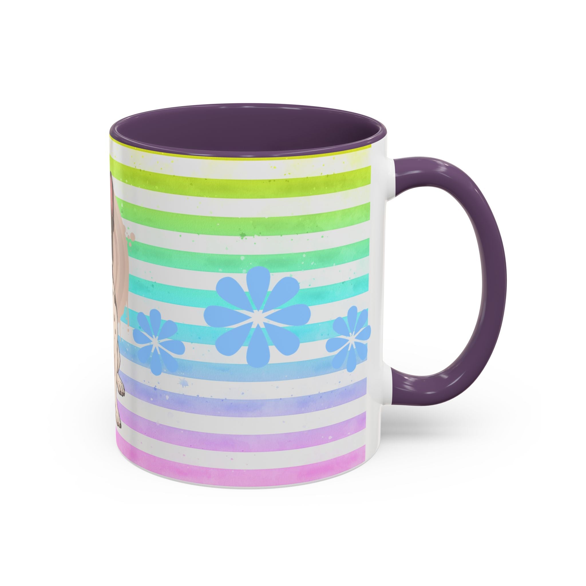 French Bulldog Coffee Mug — Cute Black & White Pup on Rainbow Stripes (Accent Mug 11/15oz)