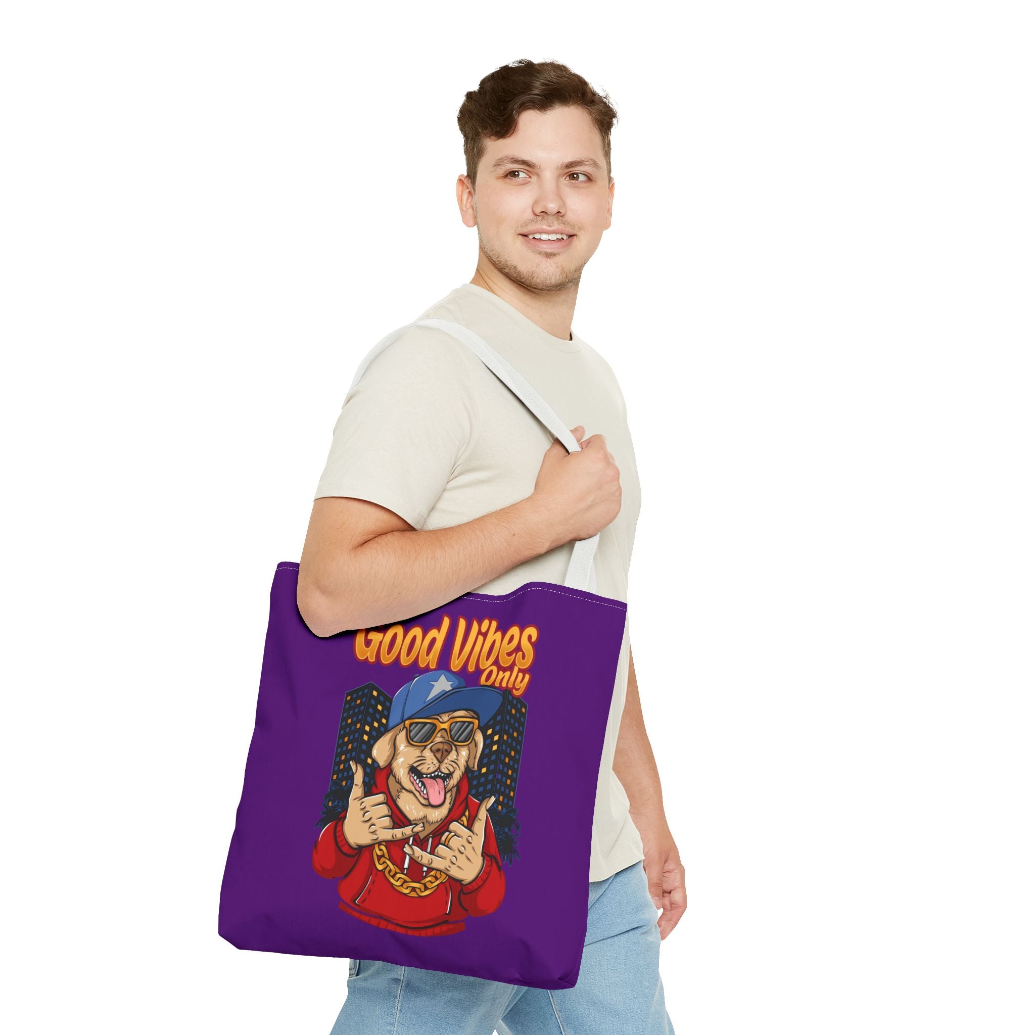 Good Vibes Only Dog Tote Bag — Cute Hipster Pup Graphic Canvas Tote