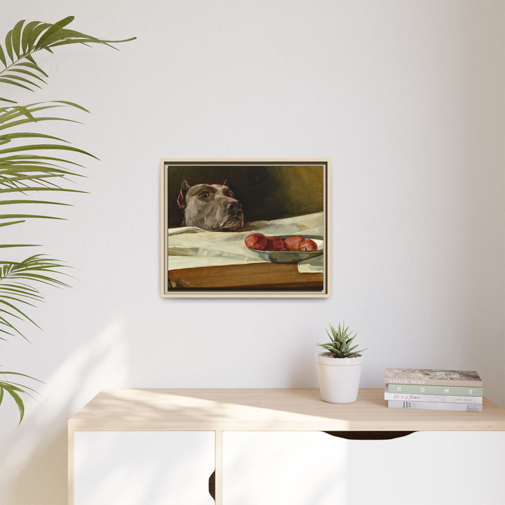 Framed Matte Canvas Print — Great Dane Dog & The Sausage Still Life Wall Art