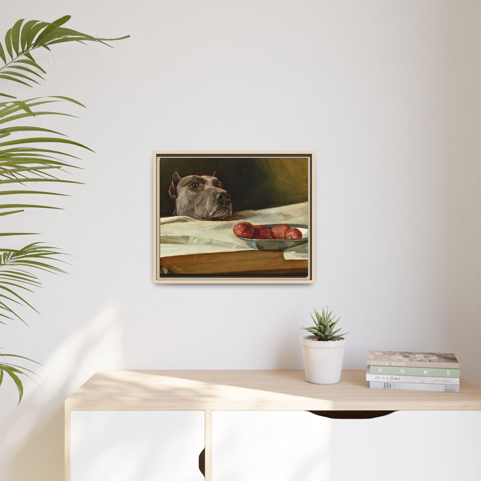 Framed Matte Canvas Print — Great Dane Dog & The Sausage Still Life Wall Art