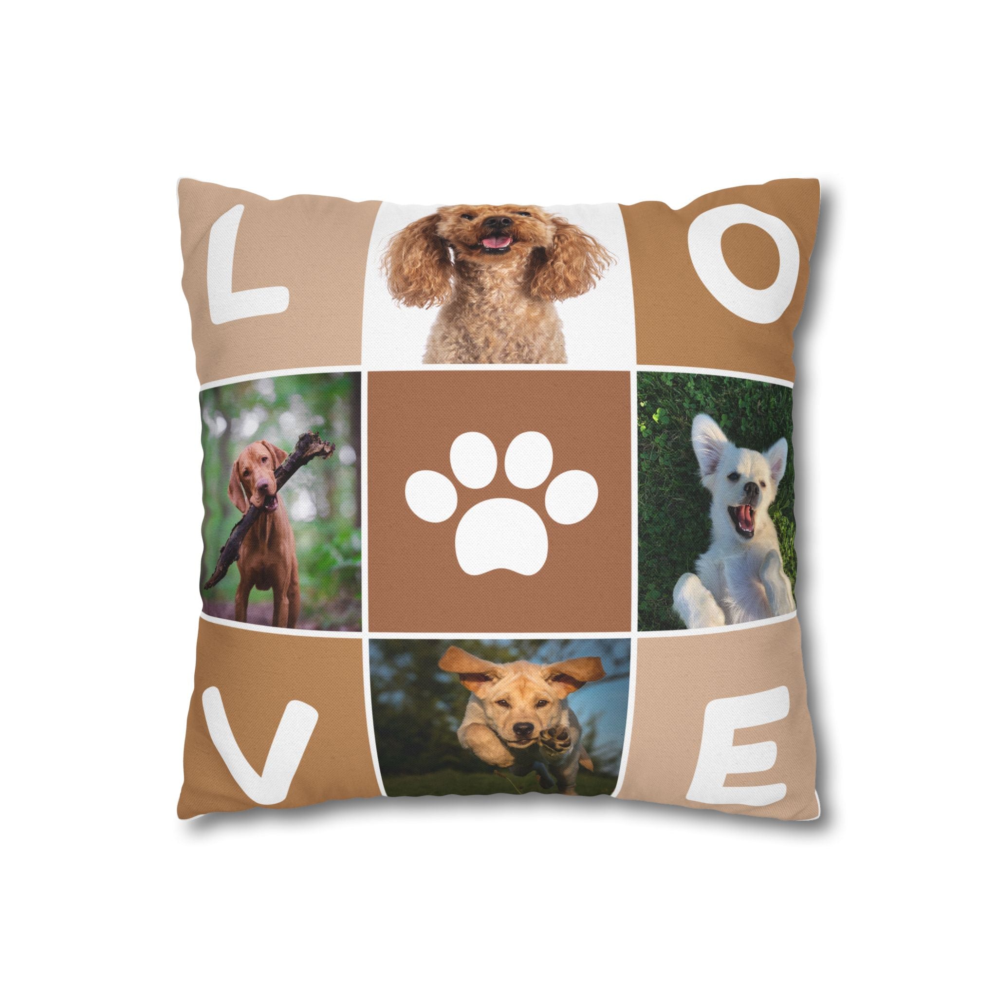 Dog Photo Collage Square Pillow — "LOVE" Paw Print Decorative Pillowcase