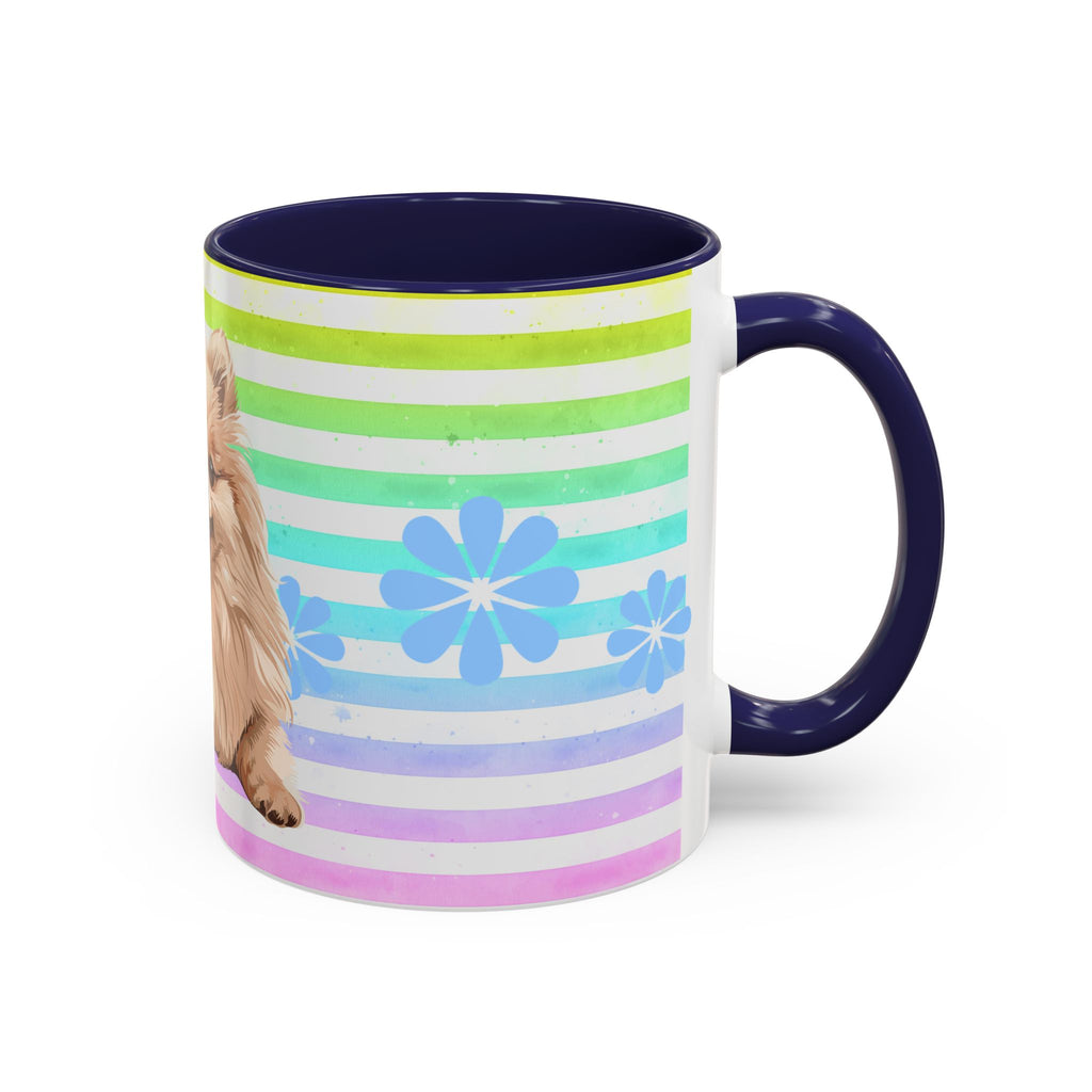 Pomeranian Dog Coffee Mug — Cute Fluffy Pup on Rainbow Stripes (Accent Mug 11/15oz)
