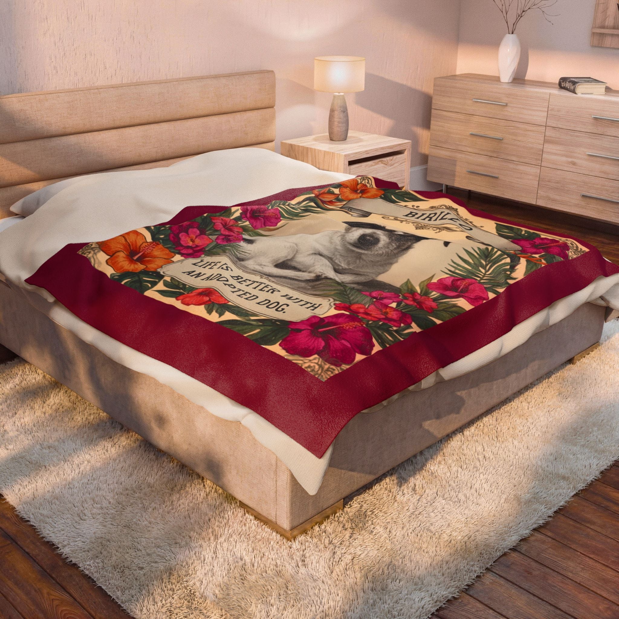 Personalized Dog Portrait Blanket — Hibiscus Floral & Adopted Dog | Custom Name & Photo