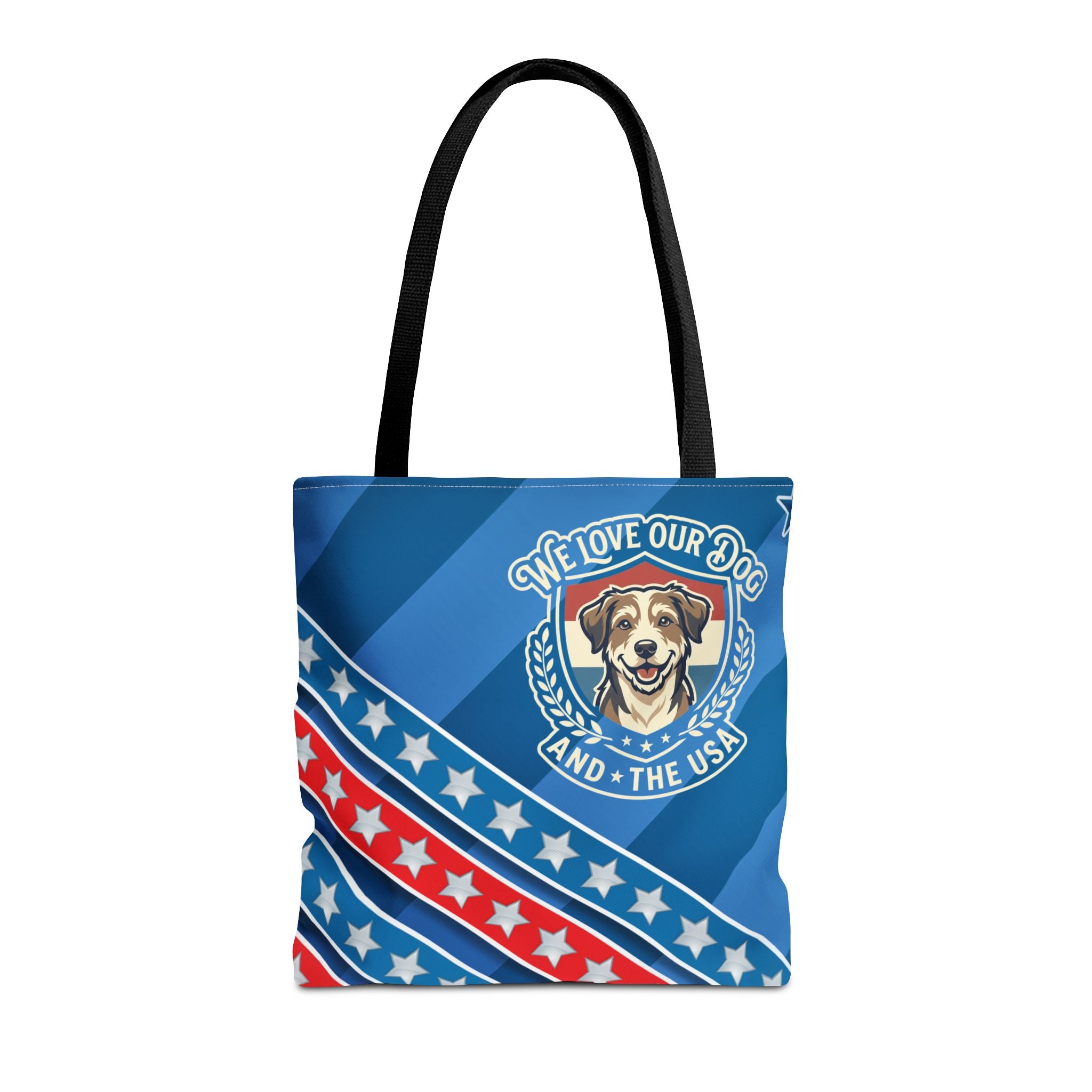 Patriotic Dog Tote Bag — "We Love Our Dog and the USA" AOP Tote