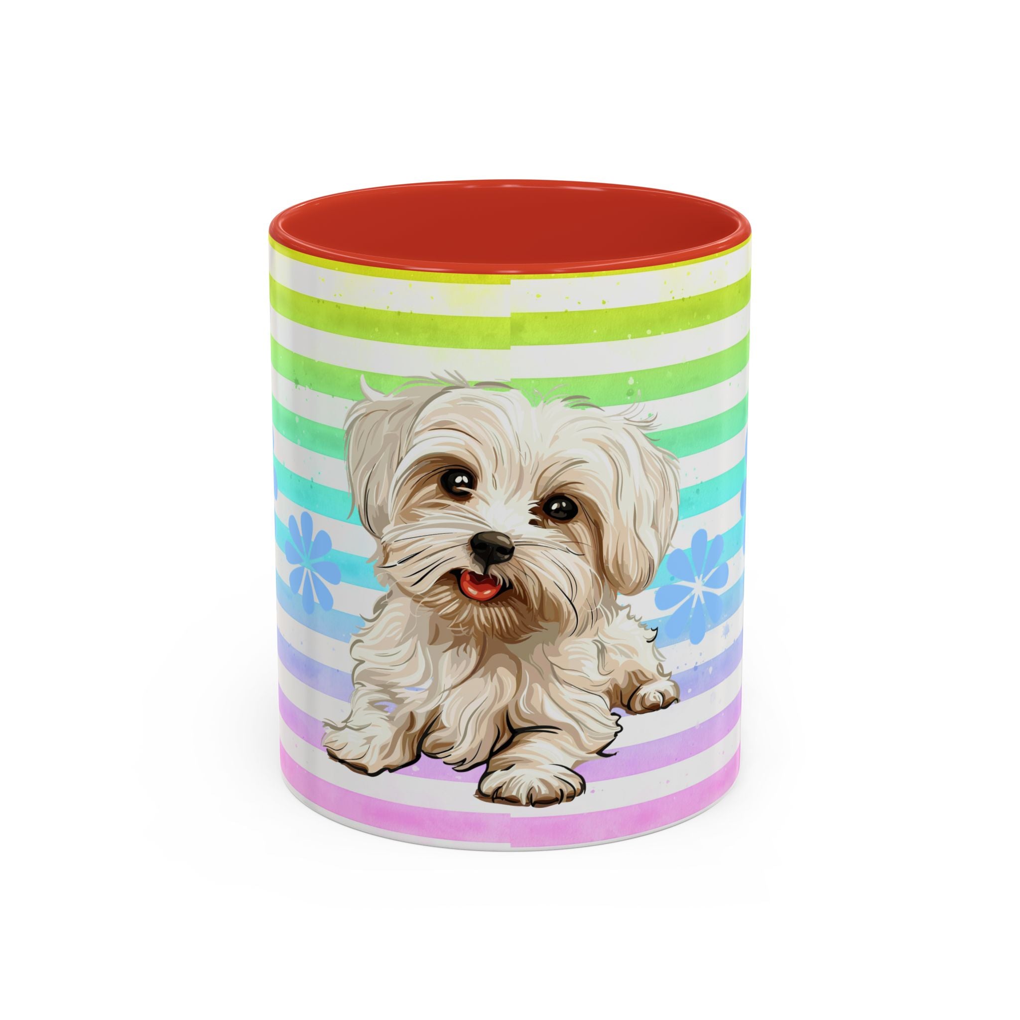 Maltese Dog Coffee Mug — Cute White Pup on Rainbow Stripes