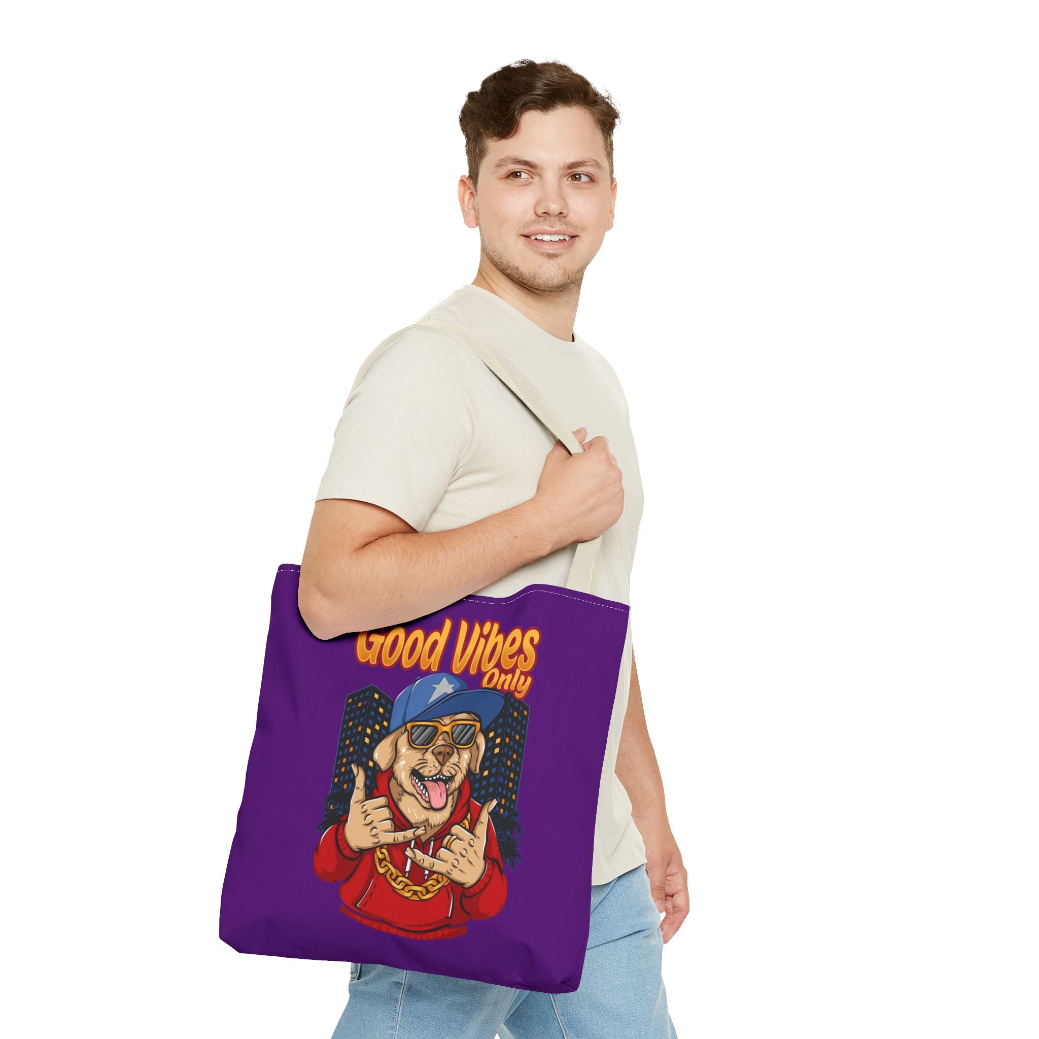 Good Vibes Only Dog Tote Bag — Cute Hipster Pup Graphic Canvas Tote