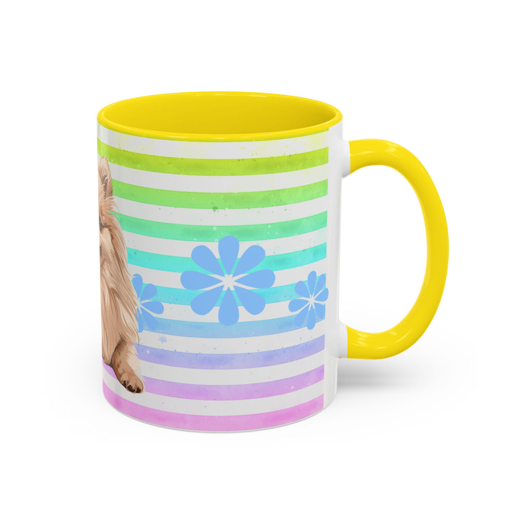 Pomeranian Dog Coffee Mug — Cute Fluffy Pup on Rainbow Stripes (Accent Mug 11/15oz)