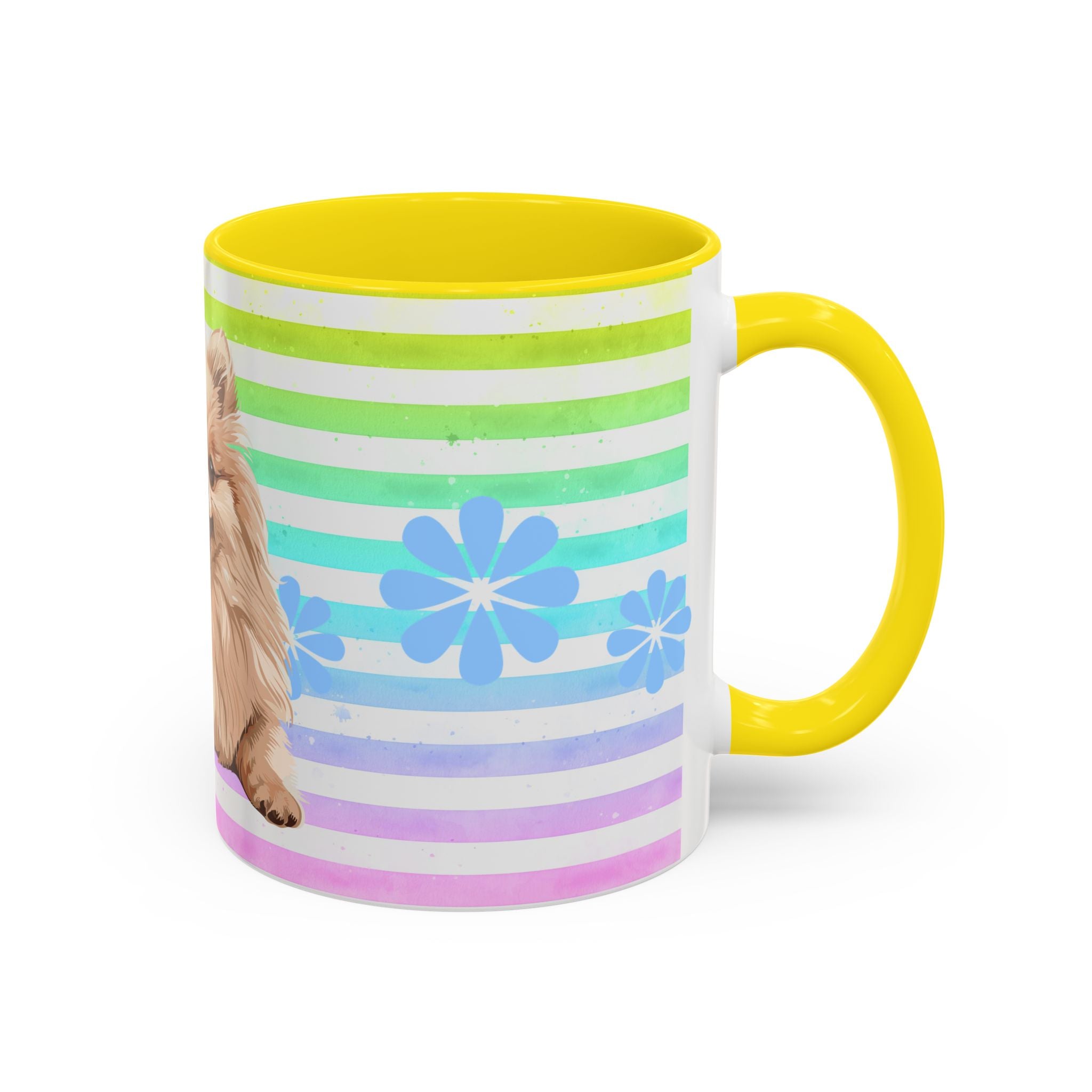 Pomeranian Dog Coffee Mug — Cute Fluffy Pup on Rainbow Stripes (Accent Mug 11/15oz)