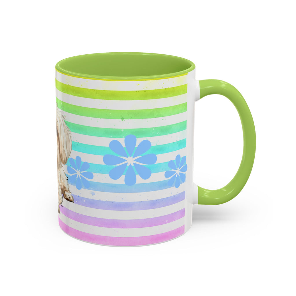 Maltese Dog Coffee Mug — Cute White Pup on Rainbow Stripes