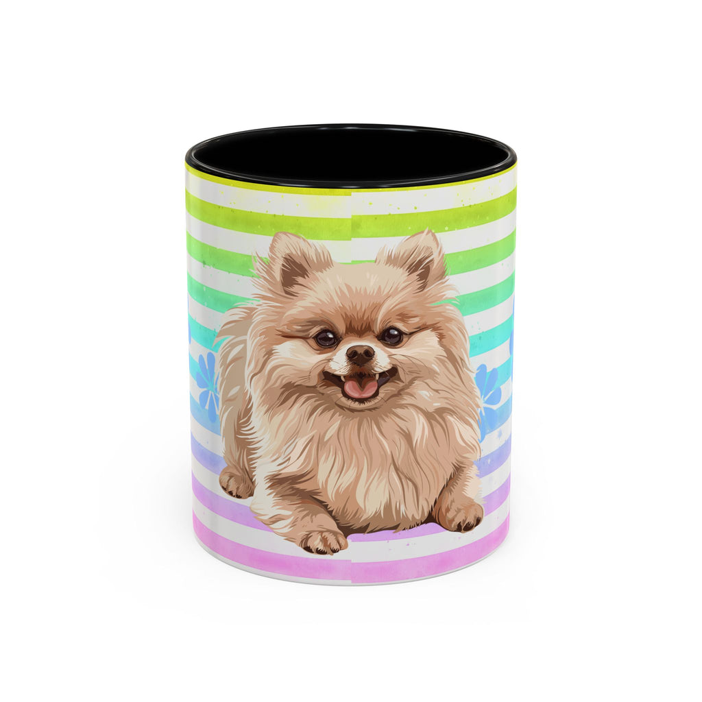 Pomeranian Dog Coffee Mug — Cute Fluffy Pup on Rainbow Stripes (Accent Mug 11/15oz)