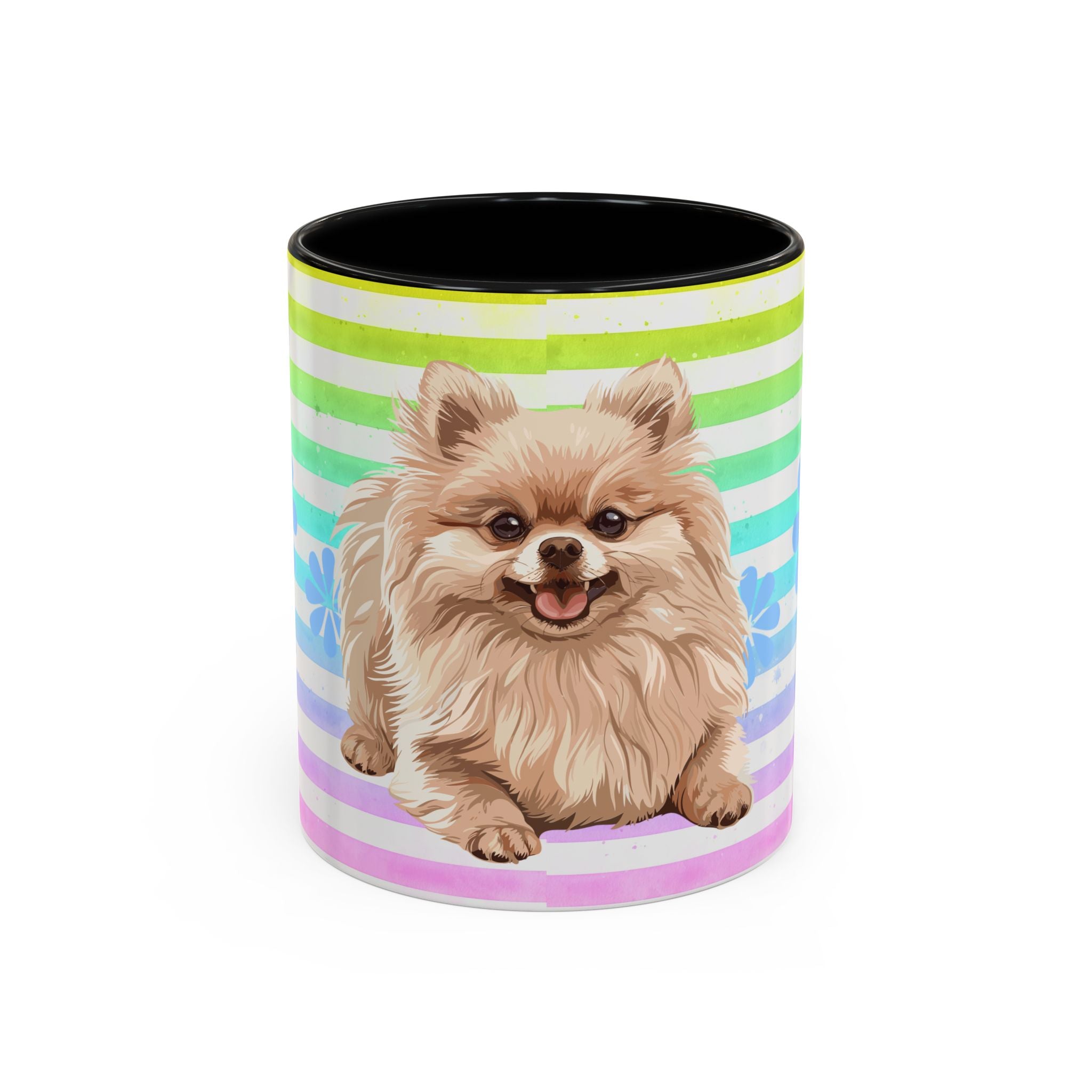 Pomeranian Dog Coffee Mug — Cute Fluffy Pup on Rainbow Stripes (Accent Mug 11/15oz)