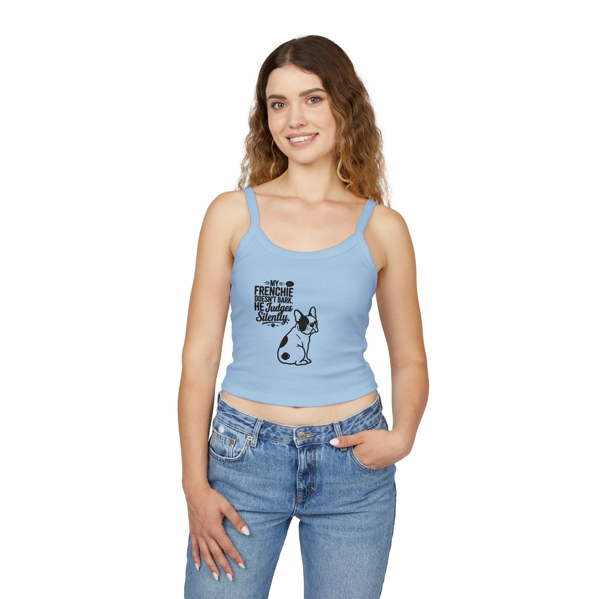 Frenchie Dog Crop Tank — "My Frenchie Judges Silently" Women's Spaghetti Strap Tank