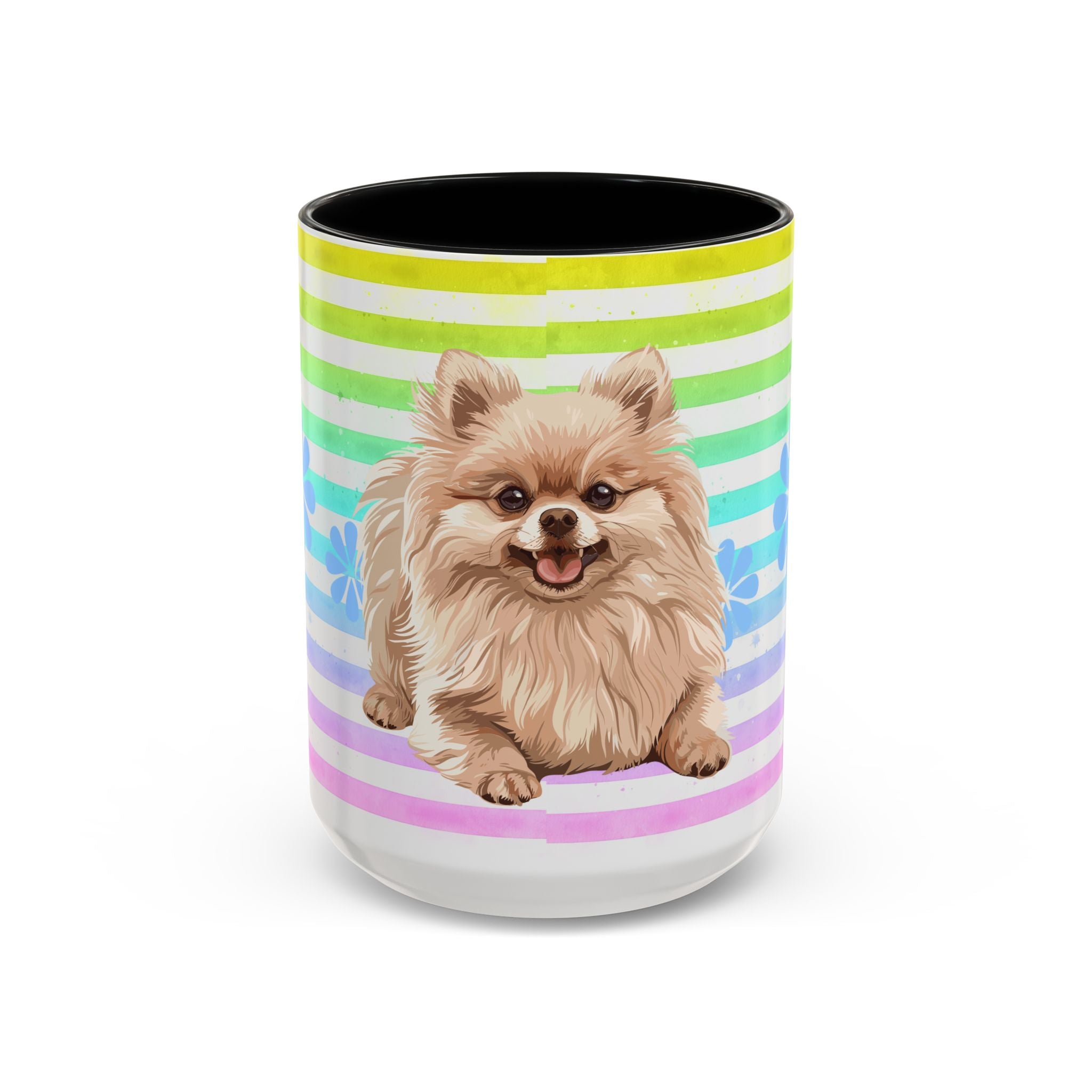 Pomeranian Dog Coffee Mug — Cute Fluffy Pup on Rainbow Stripes (Accent Mug 11/15oz)