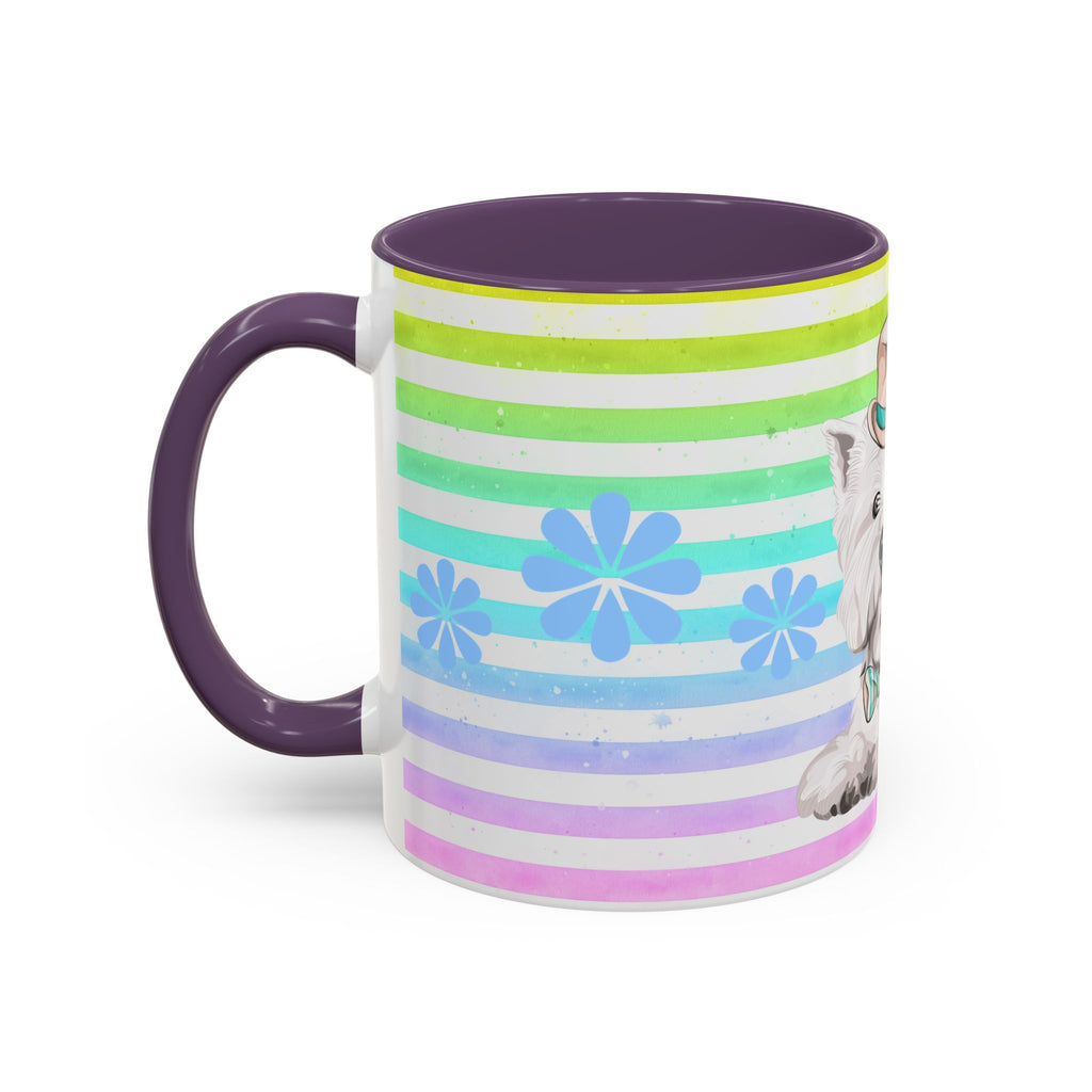 West Highland Terrier Coffee Mug — Cute White Pup on Rainbow Stripes (Accent Mug 11/15oz)