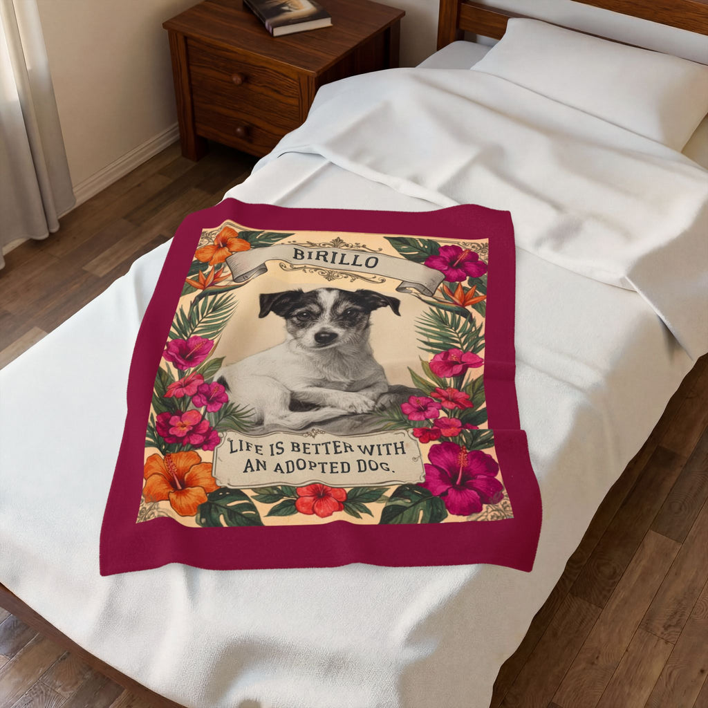 Personalized Dog Portrait Blanket — Hibiscus Floral & Adopted Dog | Custom Name & Photo