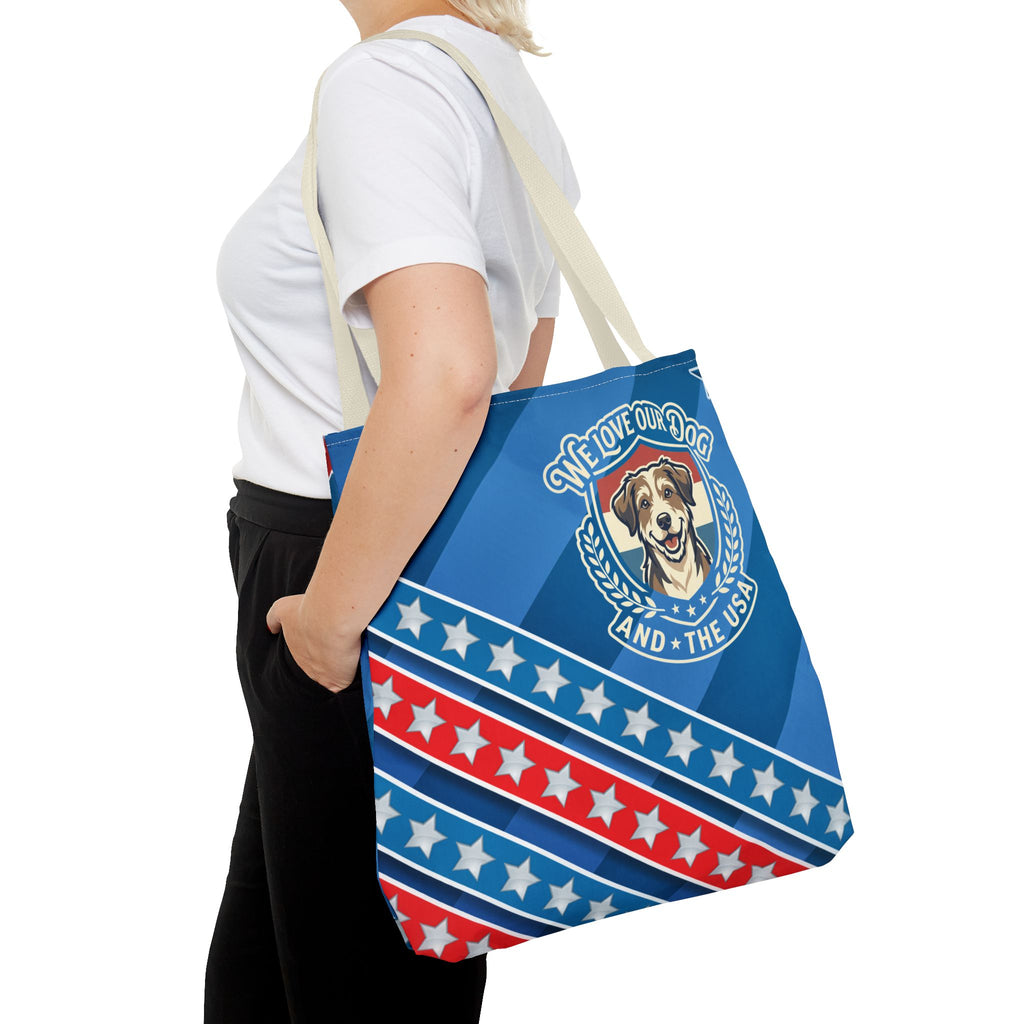 Patriotic Dog Tote Bag — "We Love Our Dog and the USA" AOP Tote