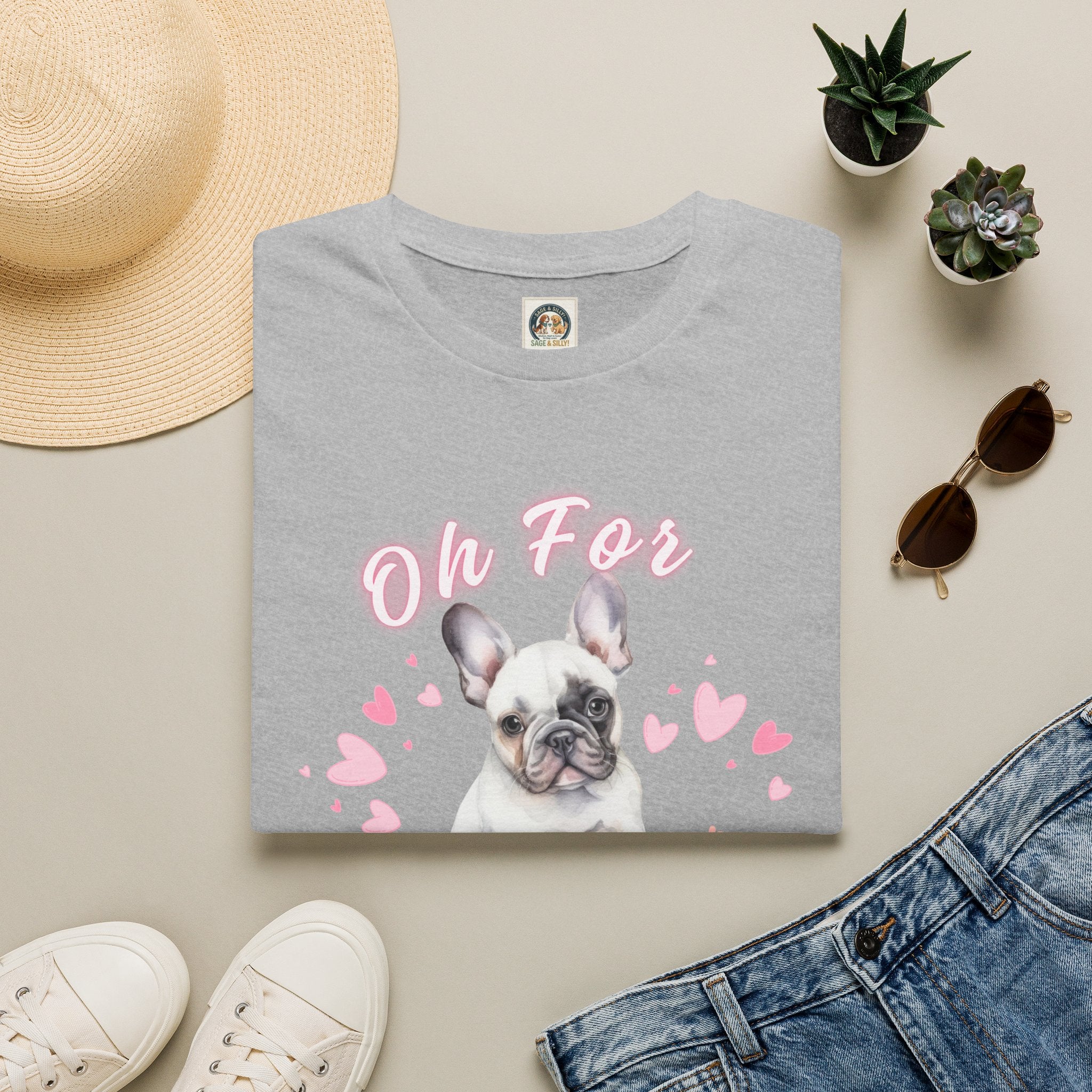 Cute French Bulldog T‑Shirt — "Oh For Frenchies Sake" Pink Heart Puppy Tee