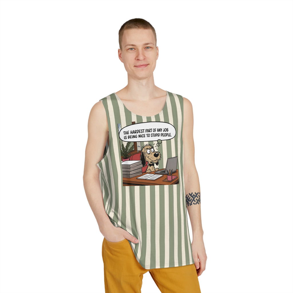 Striped Green & Cream Men's Tank Top — Vintage Summer Beach Muscle Tee with funny dog