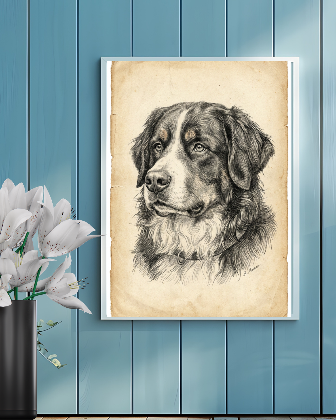 Bernese Mountain Dog Pencil Portrait – Downloadable Wall Art