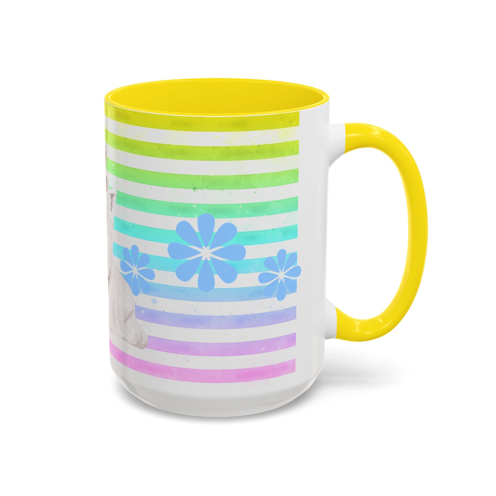West Highland Terrier Coffee Mug — Cute White Pup on Rainbow Stripes (Accent Mug 11/15oz)