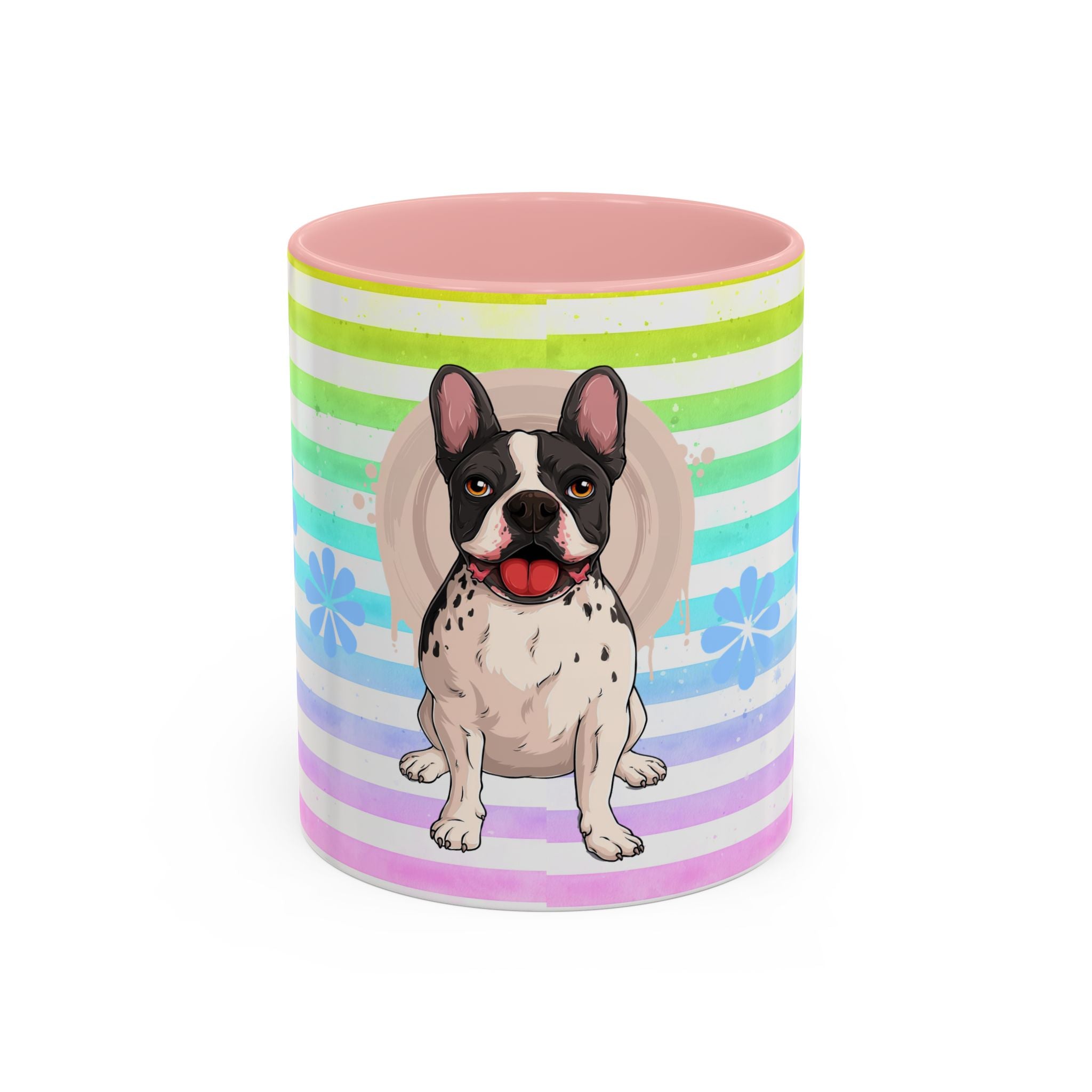 French Bulldog Coffee Mug — Cute Black & White Pup on Rainbow Stripes (Accent Mug 11/15oz)