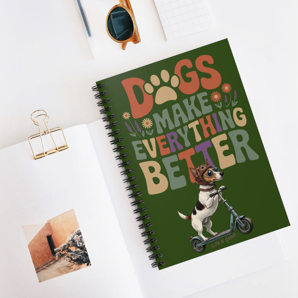 Notebook — "Dogs Make Everything Better" Retro Dog Scooter Journal