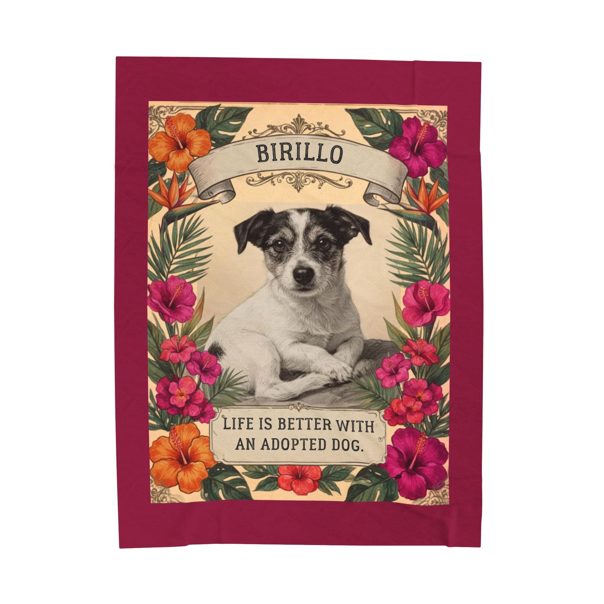 Personalized Dog Portrait Blanket — Hibiscus Floral & Adopted Dog | Custom Name & Photo