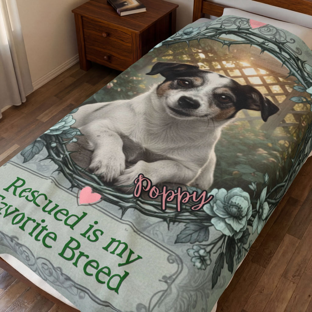 Personalized Dog Portrait Blanket — "Rescued Is My Favorite Breed" | Custom Name & Photo
