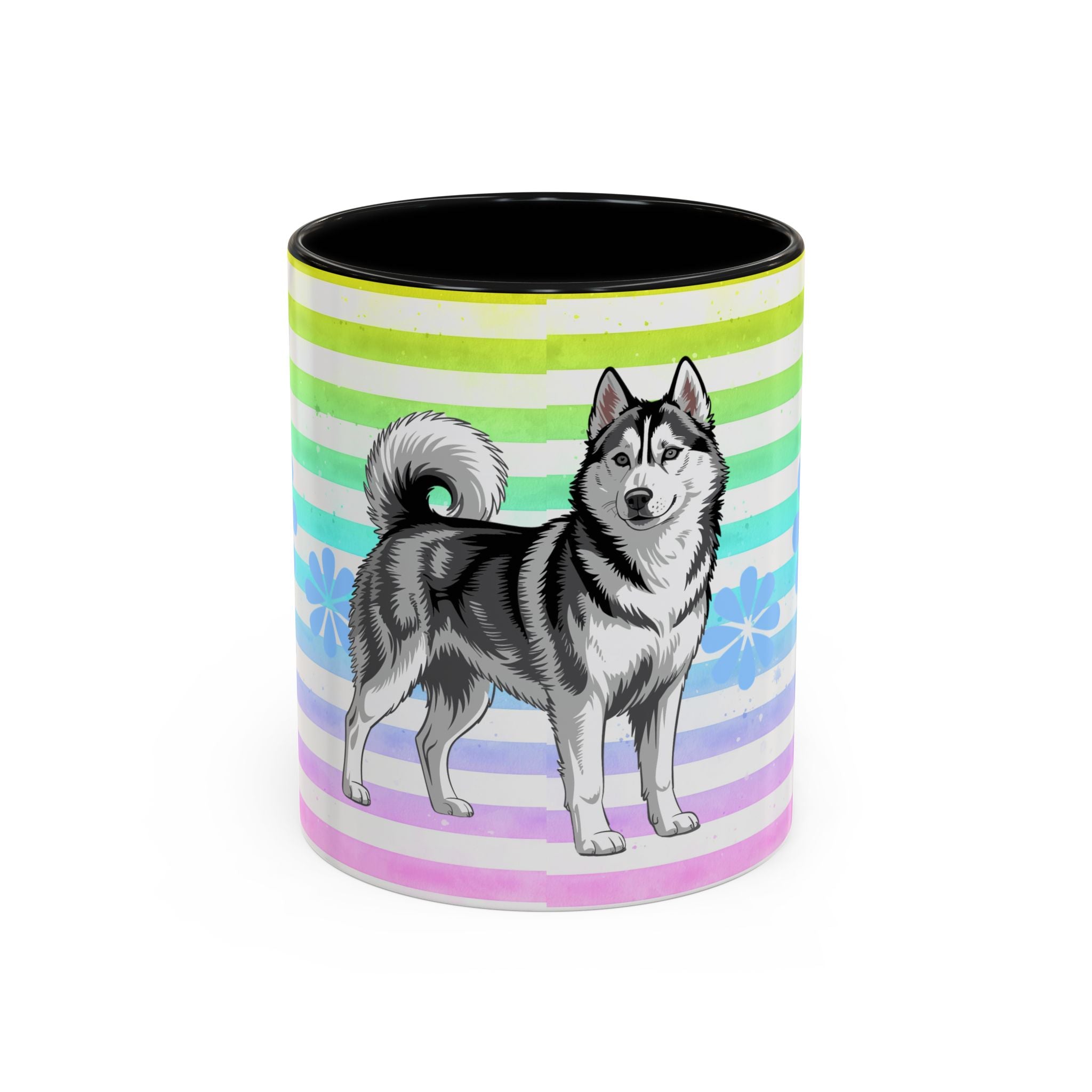 Siberian Husky Coffee Mug — Cute Black & Husky Pup on Rainbow Stripes (Accent Mug 11/15oz)