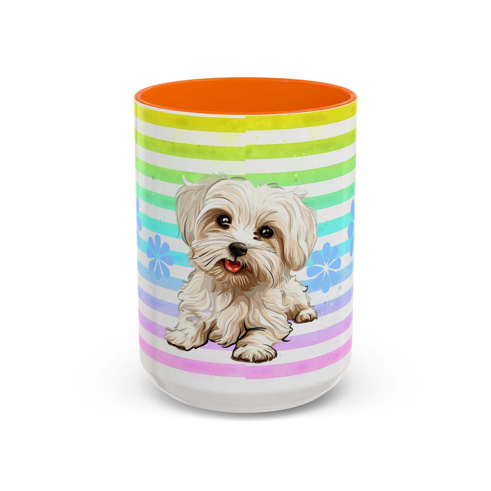 Maltese Dog Coffee Mug — Cute White Pup on Rainbow Stripes
