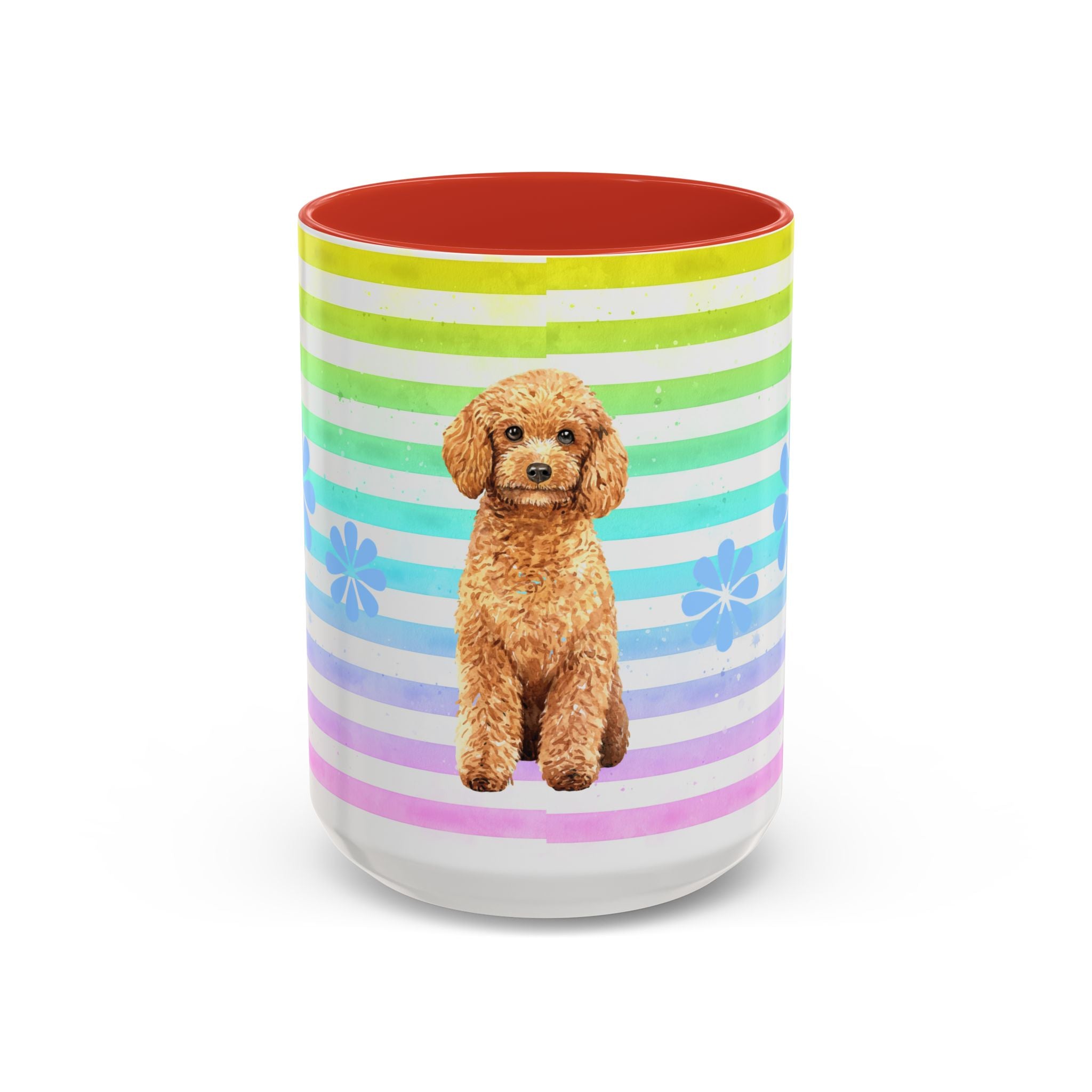 Apricot Poodle Coffee Mug — Cute Fluffy Pup on Rainbow Stripes (Accent Mug 11/15oz)