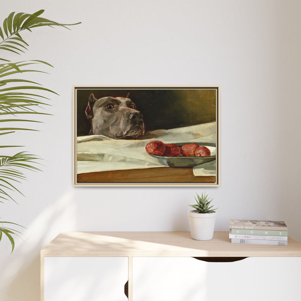Framed Matte Canvas Print — Great Dane Dog & The Sausage Still Life Wall Art