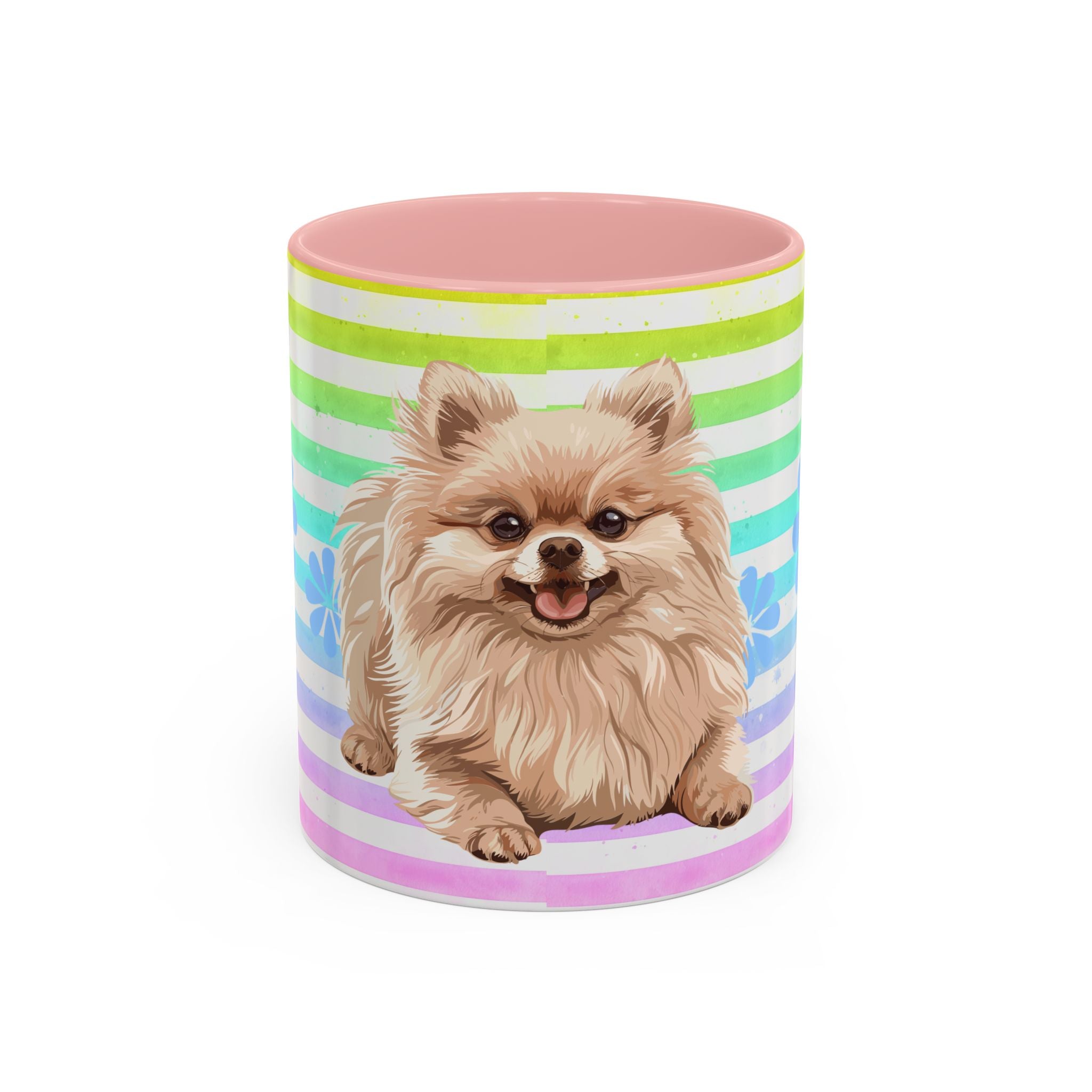 Pomeranian Dog Coffee Mug — Cute Fluffy Pup on Rainbow Stripes (Accent Mug 11/15oz)