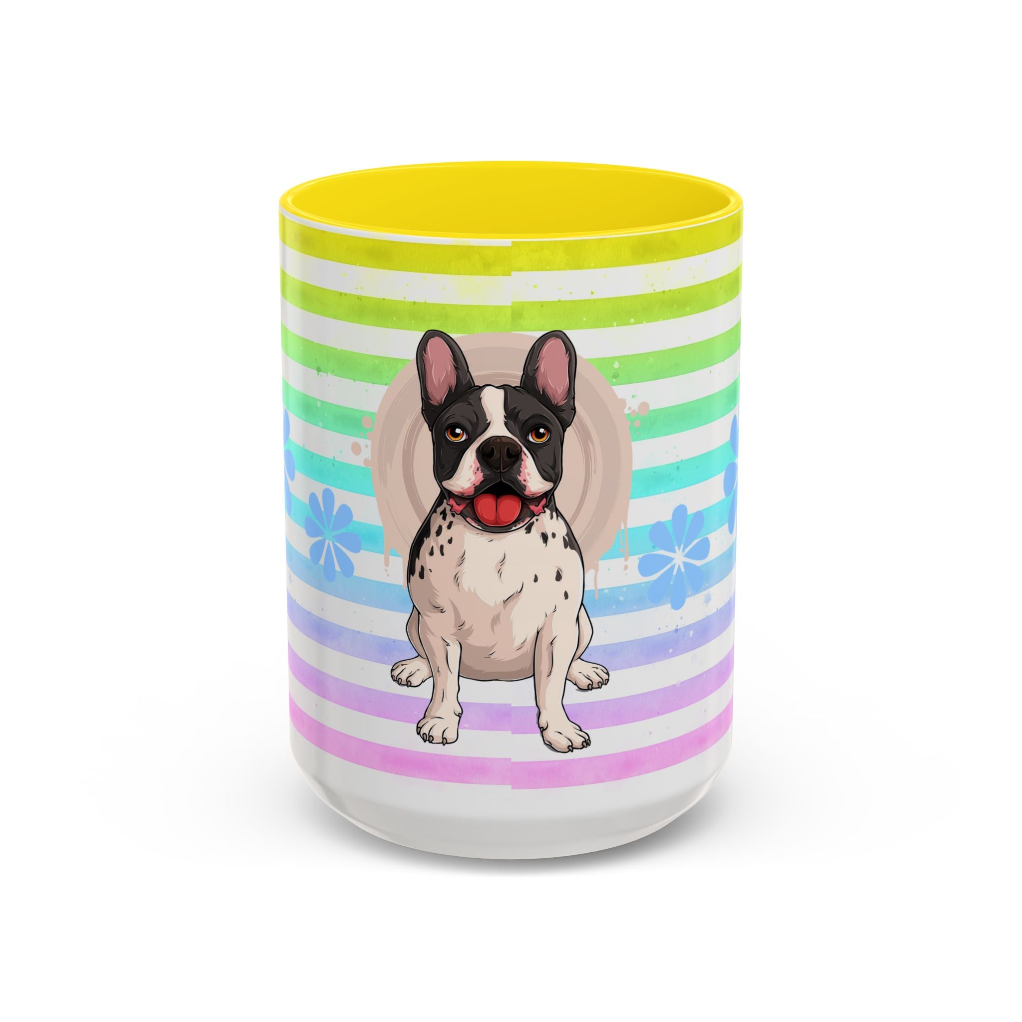 French Bulldog Coffee Mug — Cute Black & White Pup on Rainbow Stripes (Accent Mug 11/15oz)