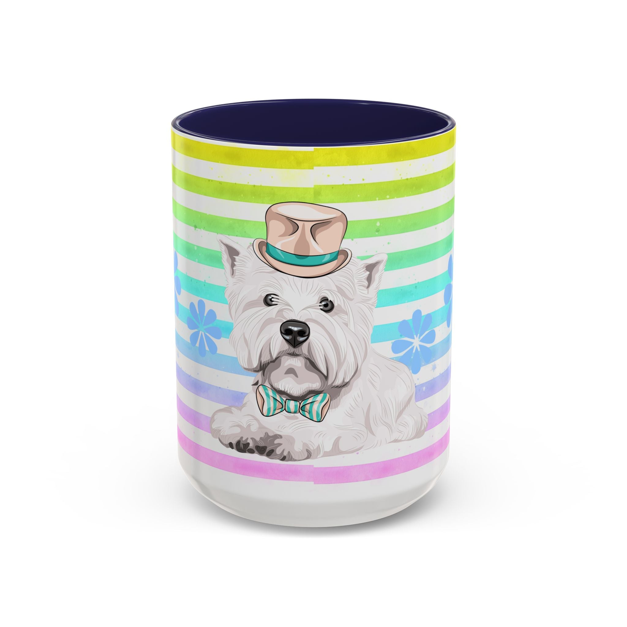 West Highland Terrier Coffee Mug — Cute White Pup on Rainbow Stripes (Accent Mug 11/15oz)