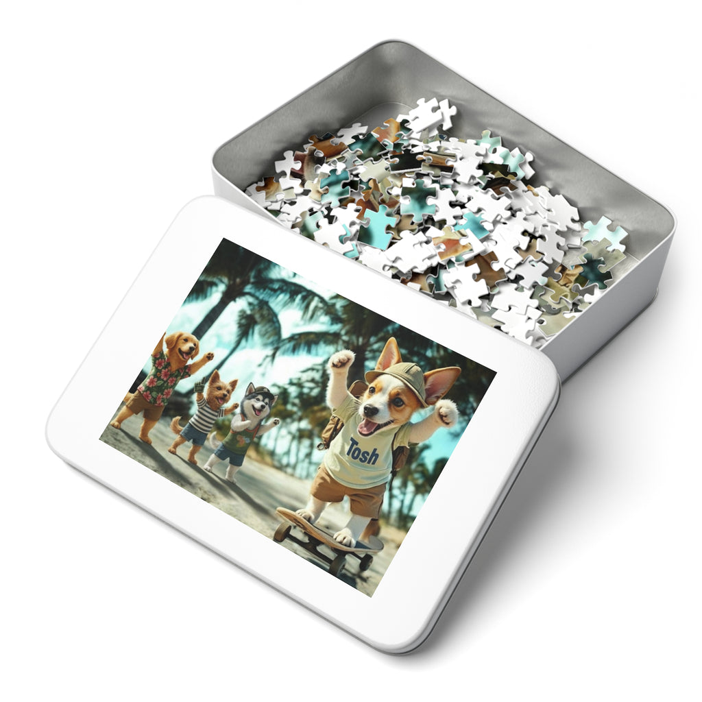 Beach Dogs Jigsaw Puzzle with Tin — Jack Russell Terrier Skateboard | Dog Lover Gift