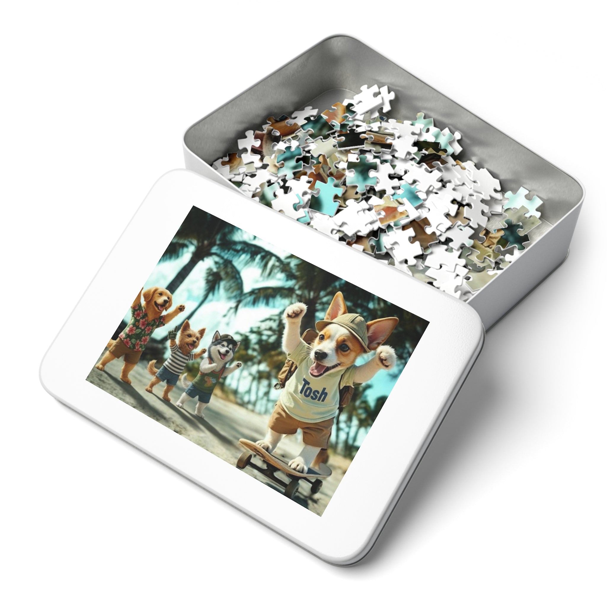 Beach Dogs Jigsaw Puzzle with Tin — Jack Russell Terrier Skateboard | Dog Lover Gift