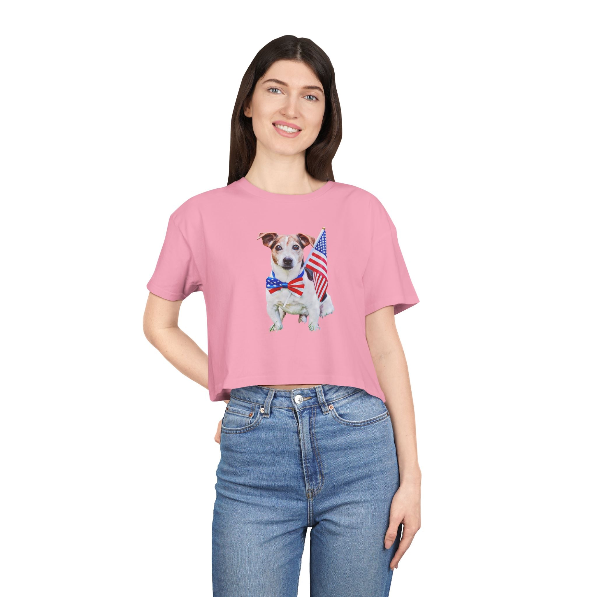Patriotic Dog Crop Tee — Jack Russell with American Flag