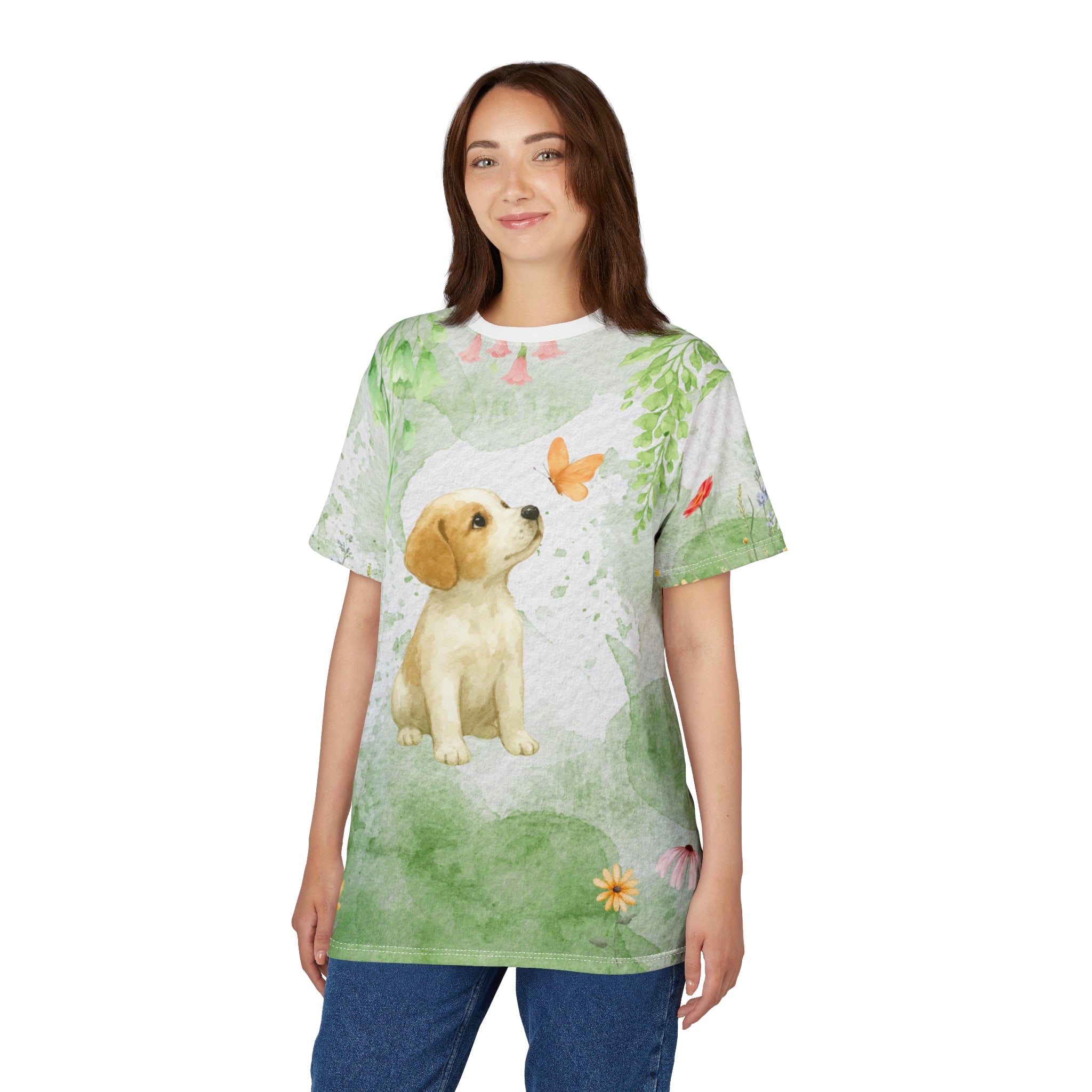 Puppy & Butterfly – Spring Garden All-Over Print T-Shirt