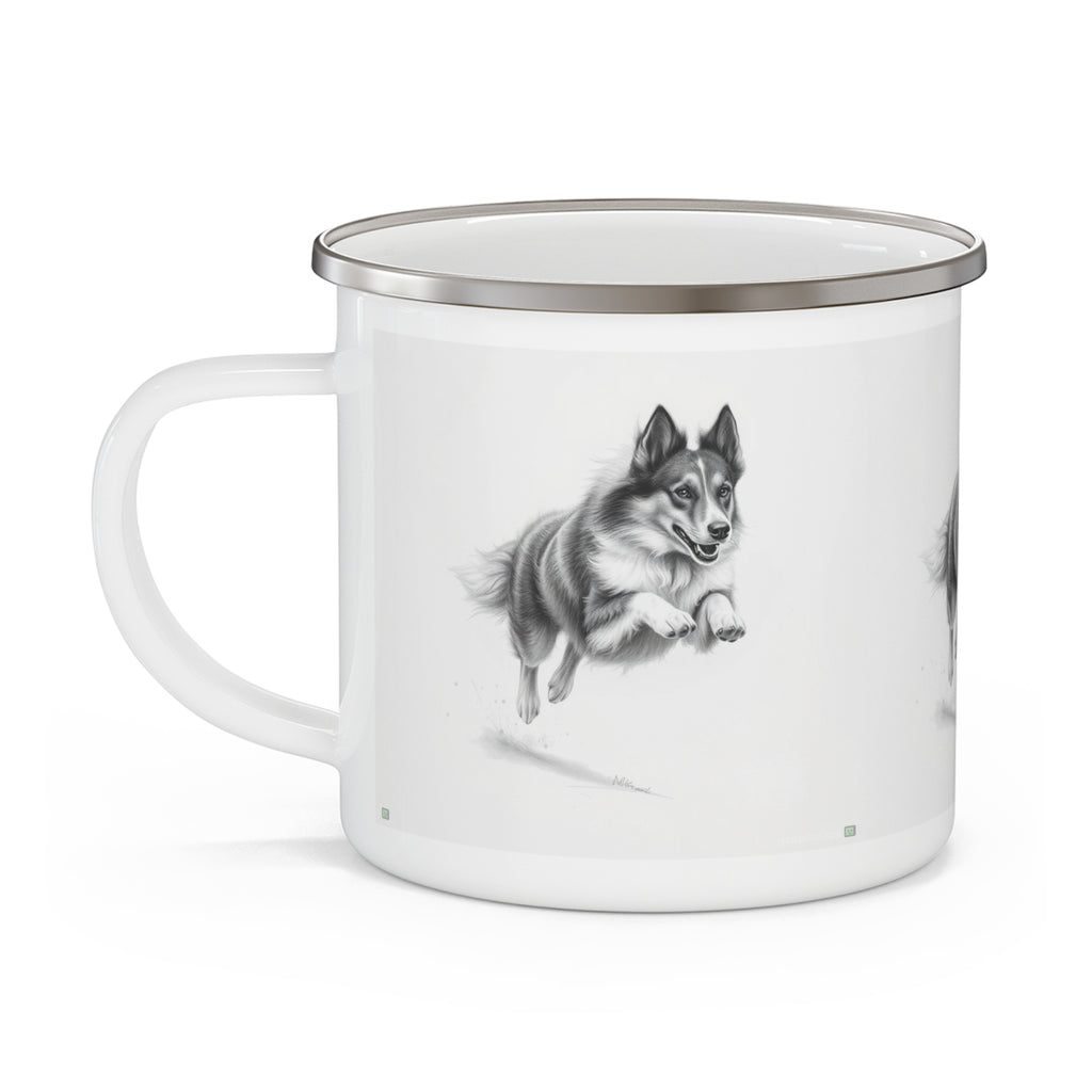 Enamel Mug — Leaping Husky Camping Cup, Vintage Black & White Dog Illustration