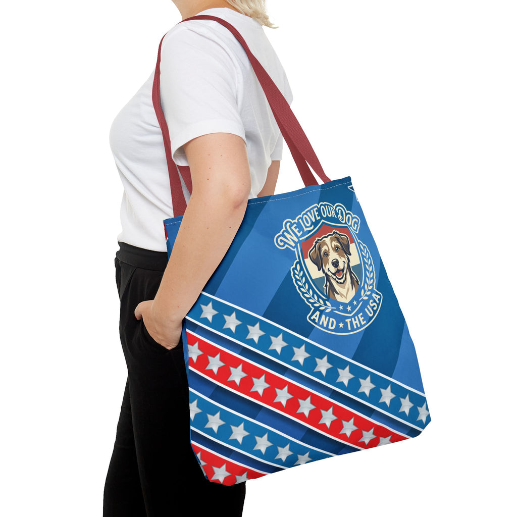 Patriotic Dog Tote Bag — "We Love Our Dog and the USA" AOP Tote