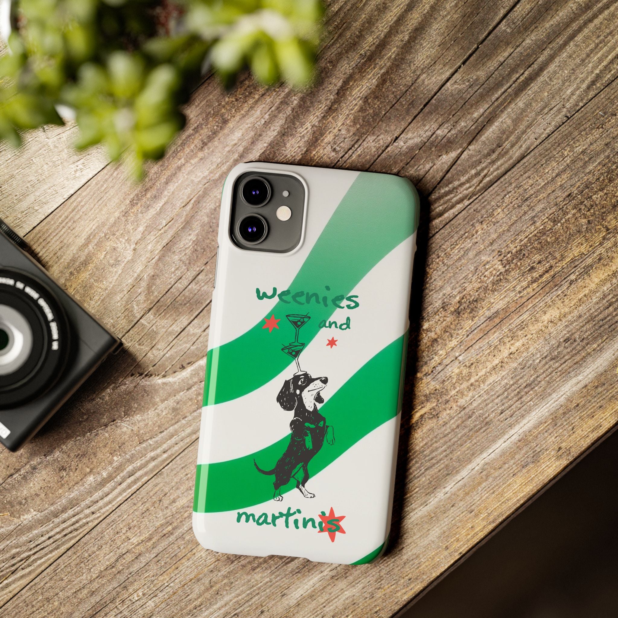 Weenies and Martinis Slim Phone Case – Dachshund Cocktail Green Stripe